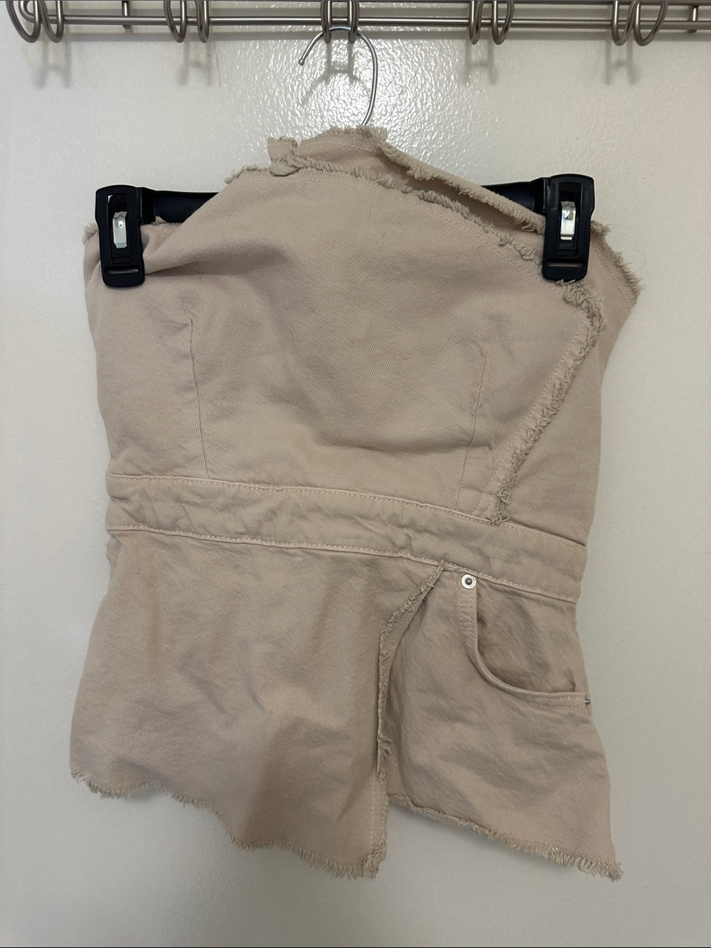 Zara Cream Strapless Romper with Frayed Trim